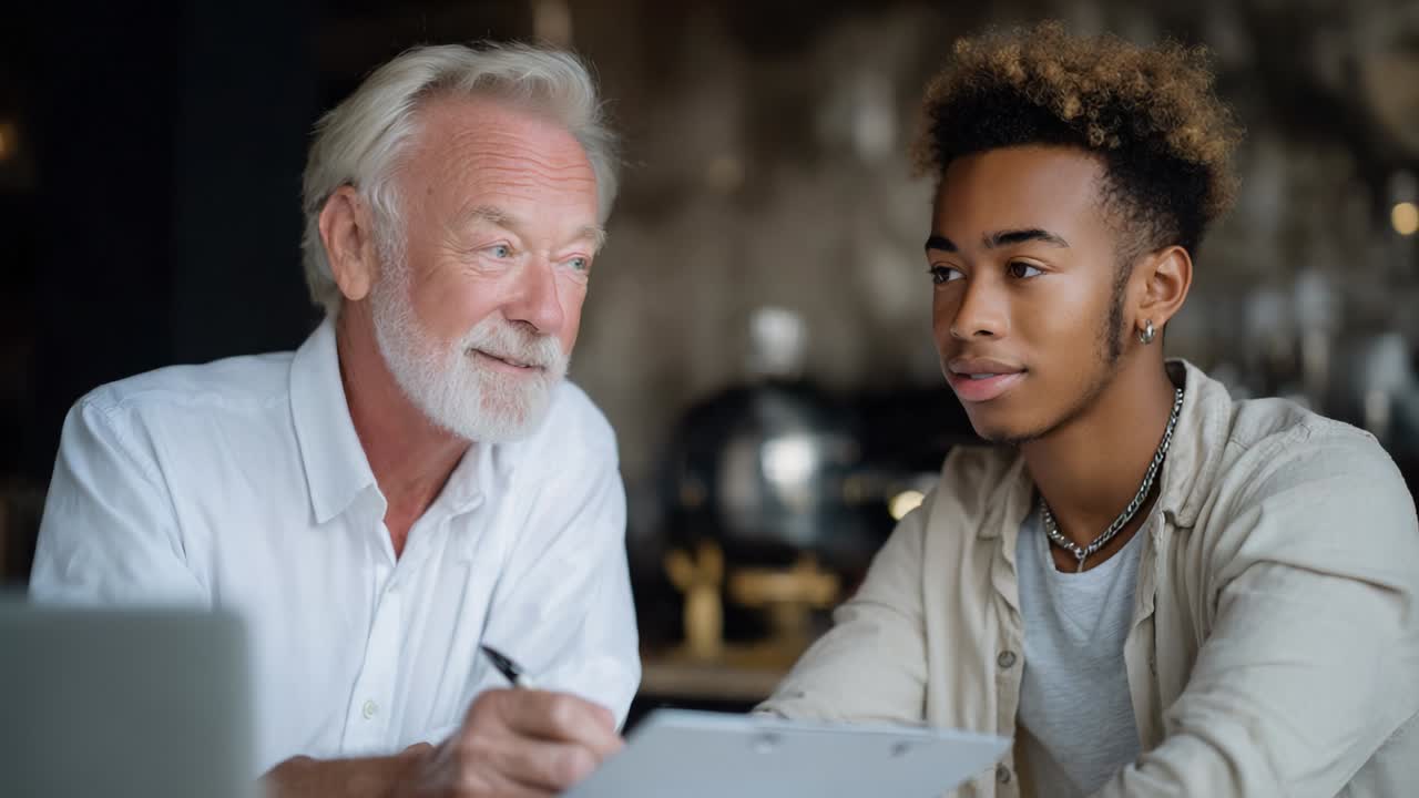 An Engaging Interaction: A Senior Man and a Young Man Collaborating in a Thoughtful Conversation Over Paperwork, Highlighting Mentorship, Learning, and Intergenerational Exchange