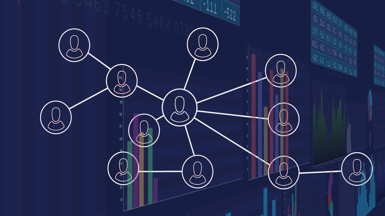 animación de conexiones con iconos y procesamiento de datos sobre fondo oscuro