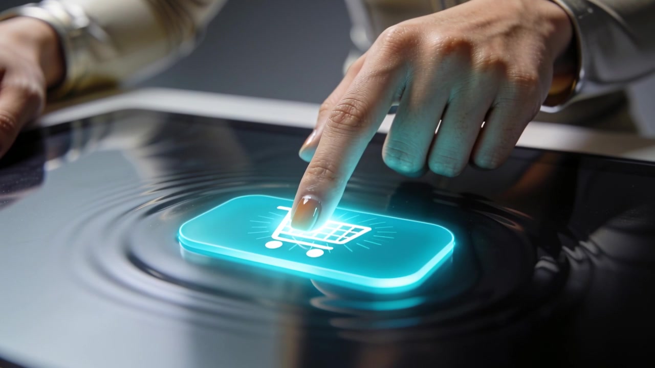 Hovering, pressing female right finger with cuff on black table, activating aqua holo cart ripples