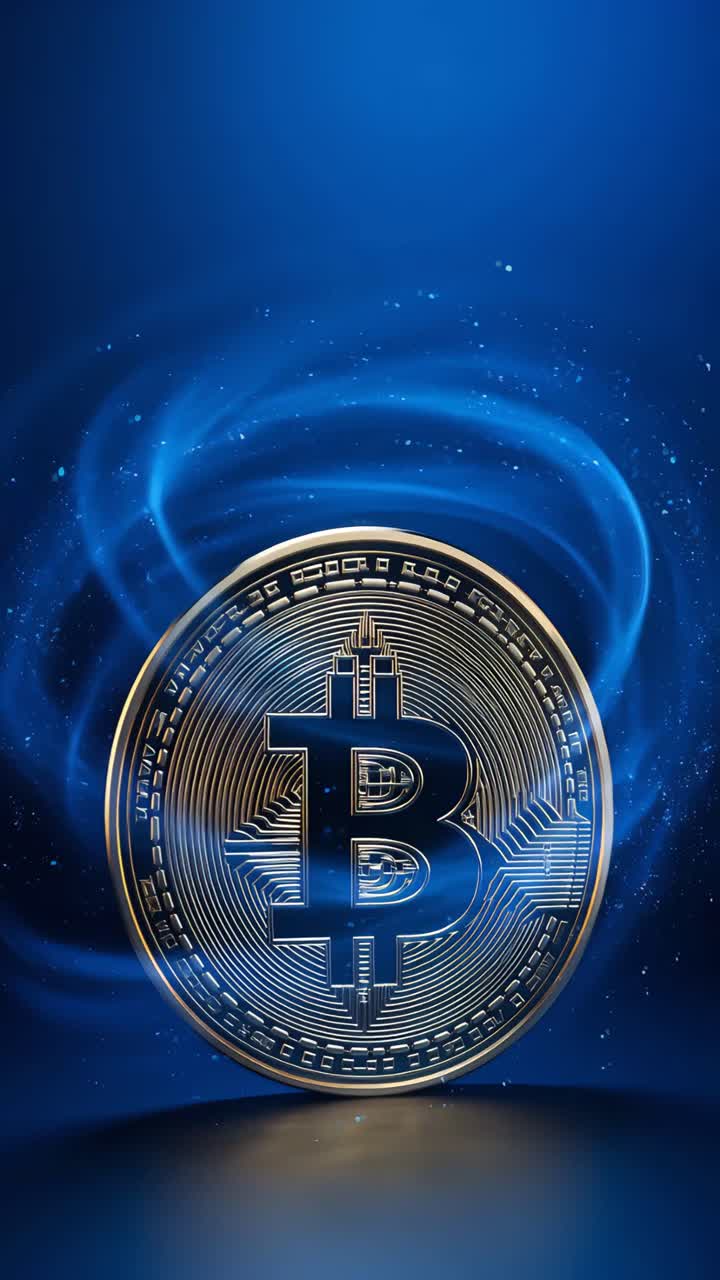 Animazione rotante di Bitcoin dorato su sfondo scuro, criptovaluta cinematografica 4K.