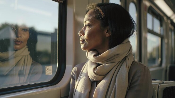 Adjusting woman fixing scarf on train as sunlight crosses face, studying glass, gazing at buildings