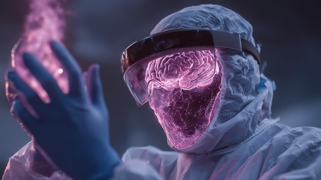 A futuristic scientist in a protective suit and visor channels a glowing, purple energy ball, revealing an ethereal pattern that embodies the fusion of technology and organic life