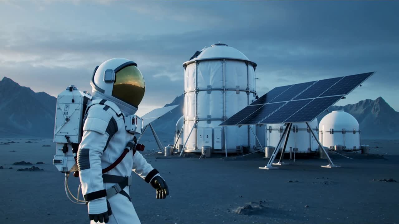 Astronauta in tuta che cammina, individua un habitat su una pianura rocciosa, si avvicina e ispeziona i pannelli solari.