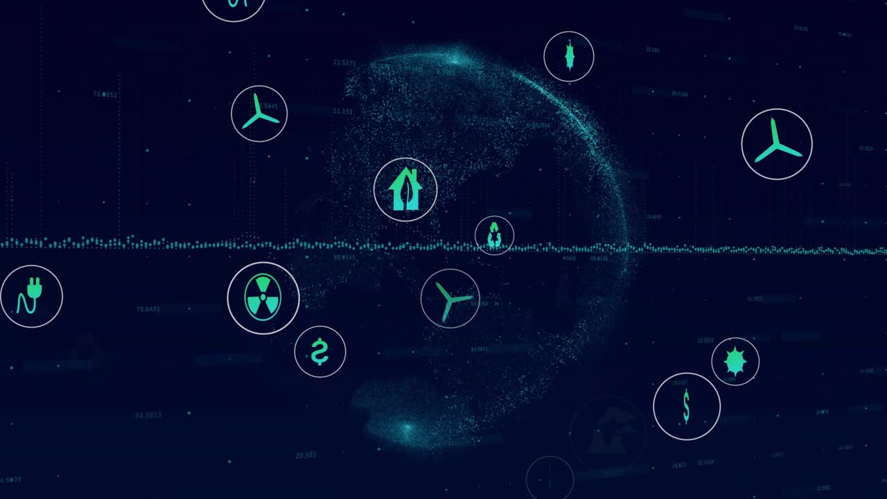 All'avvio, il globo ruota, la forma d'onda pulsa, le icone verde acqua si spostano e si uniscono, visualizzando i dati sull'energia