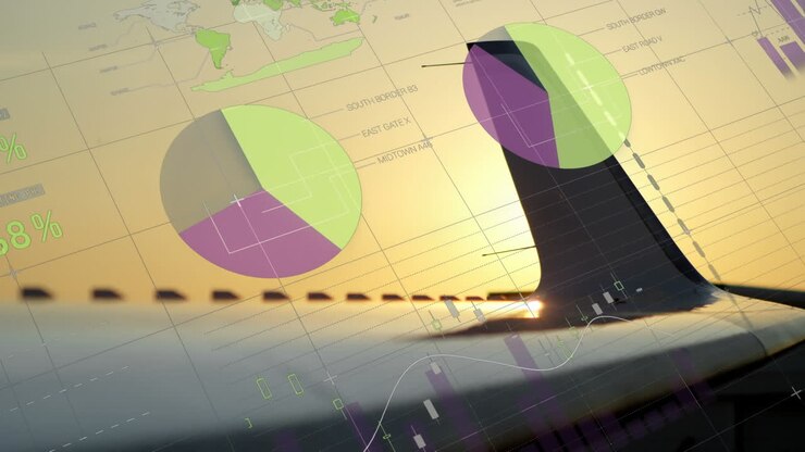 Animation af statistisk databehandling over et fly mod en solnedgangshimmel