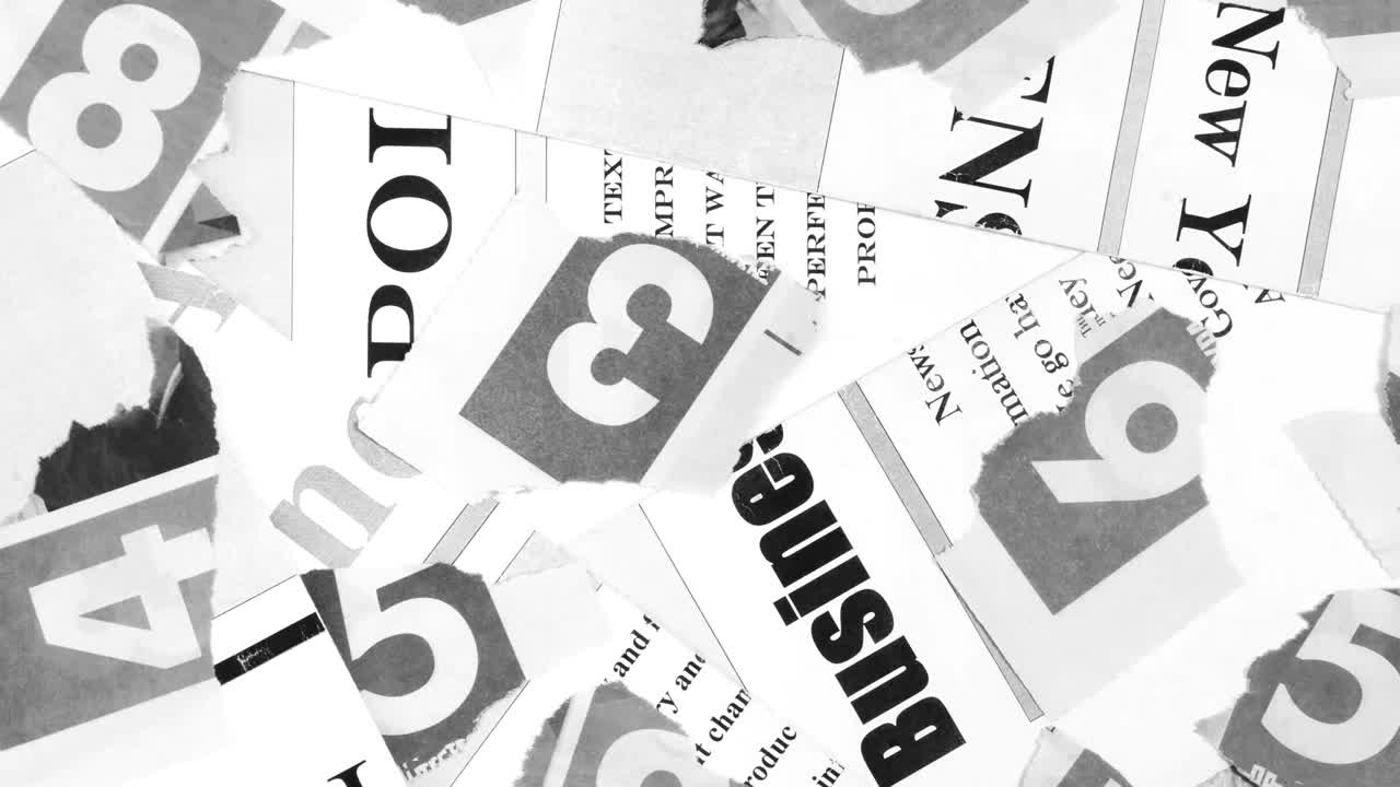 animación abstracta de páginas de periódicos con titulares, artículos y números rasgados en pedazos mostrados en orden aleatorio.