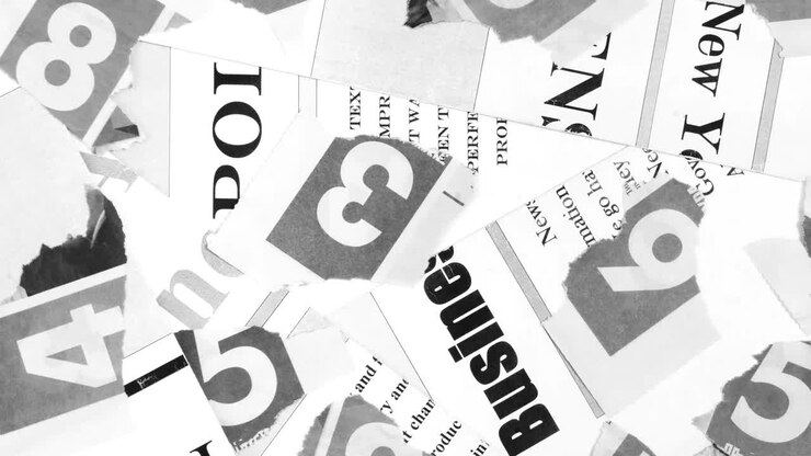 Abstract Animation of Newspaper Pages with Headlines, Articles and Numbers Ripped to Pieces Shown in Random Order.