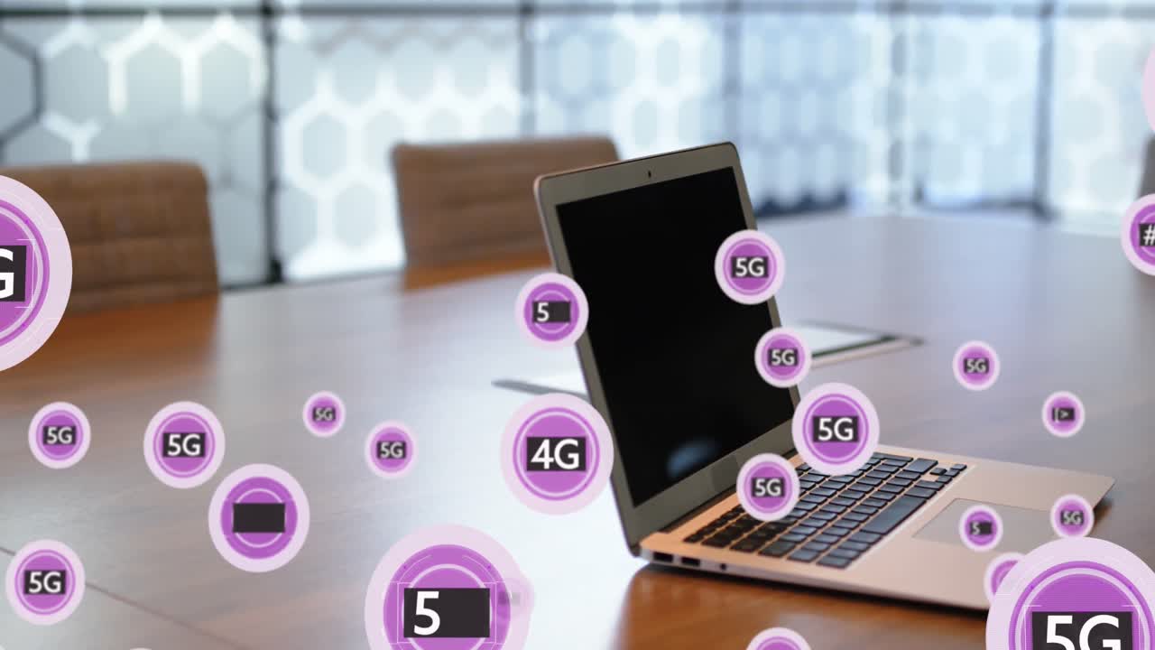 Animation of 5g text and symbols in circles over laptop on table against hexagon pattern on window