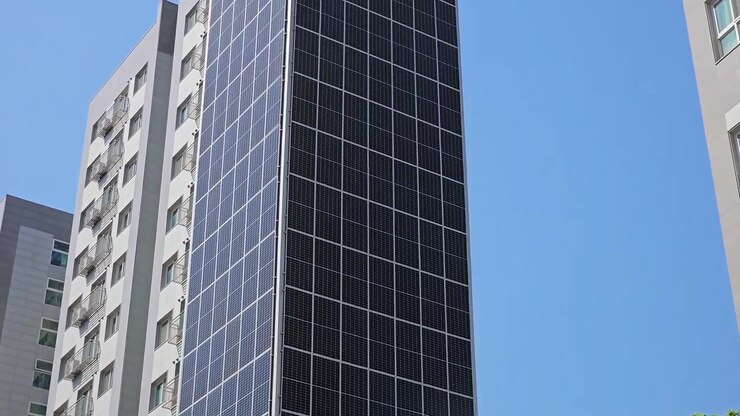 Muri esterni di un edificio a Seul coperti da pannelli solari, che sfruttano la luce solare per produrre energia. tilt-up