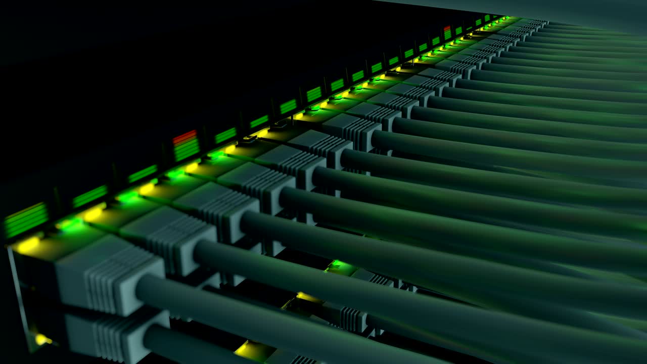 conmutador con 48 puertos en un rack de servidor de primer plano