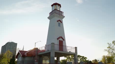 close-up of a lighthouse at sunrise in a mississauga harbor