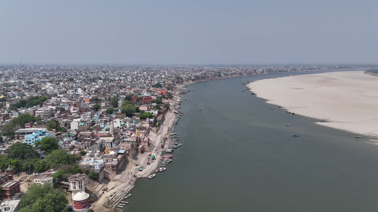 Bird’s-eye view of Ganga River curving through Varanasi