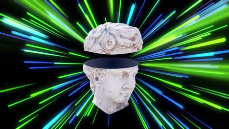 animation of antique sculpture head over light trails