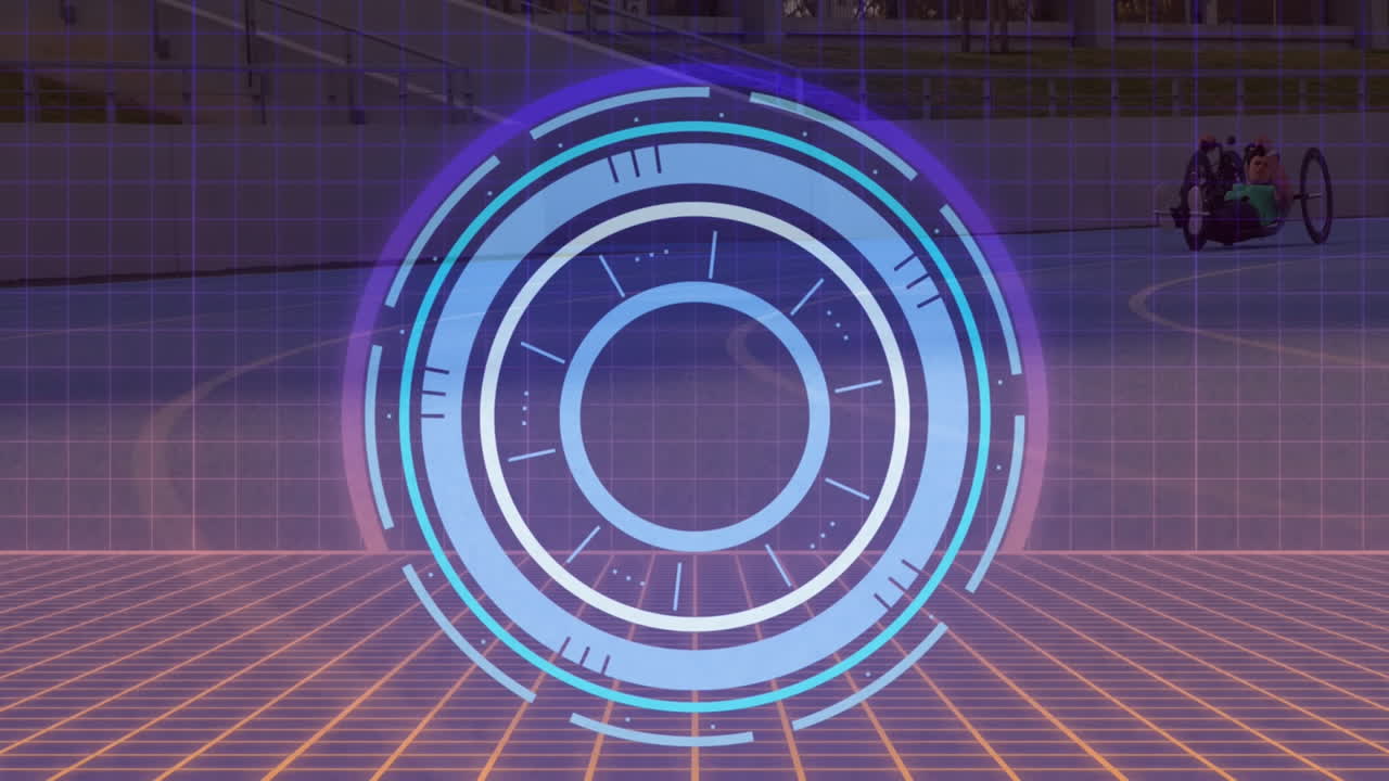 animación del círculo de procesamiento y más de un hombre discapacitado caucásico montando bicicleta en el estadio