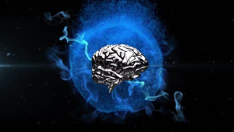 Animation-of-3d-metallic-human-brain-rotating-over-glowing-blue-globe-on-black-background