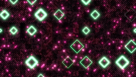 glowing green and pink geometric pattern on black background