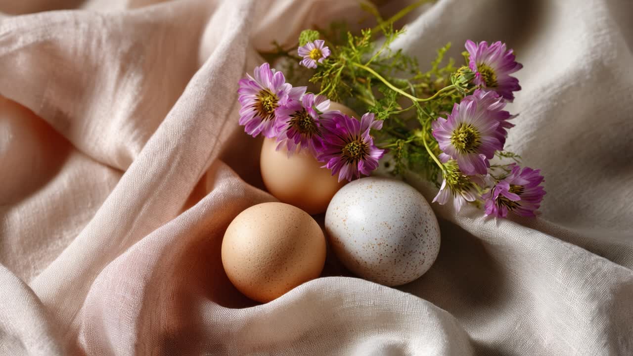 Three Beautiful Eggs Nestled Among Delicate Flowers on Soft Fabric, Capturing the Essence of Nature's Charm and the Beauty of Simple Still Life Art