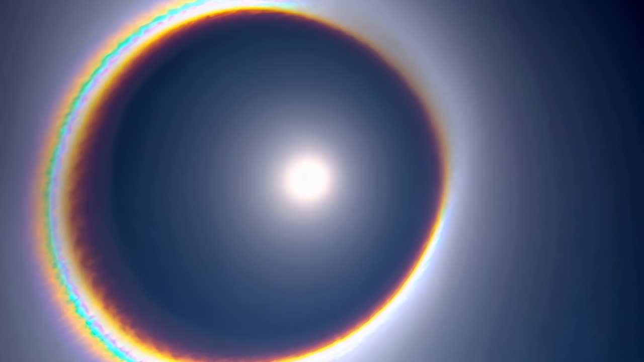 Uma visão de vídeo hipnotizante de cima para baixo de um halo solar, mostrando bordas vibrantes de arco-íris e um brilho