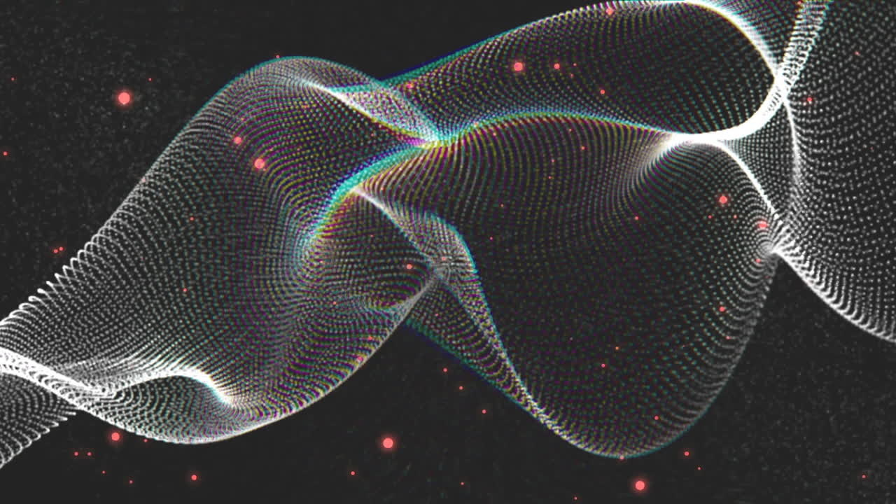 White network wave moving over glowing pink particles on black background