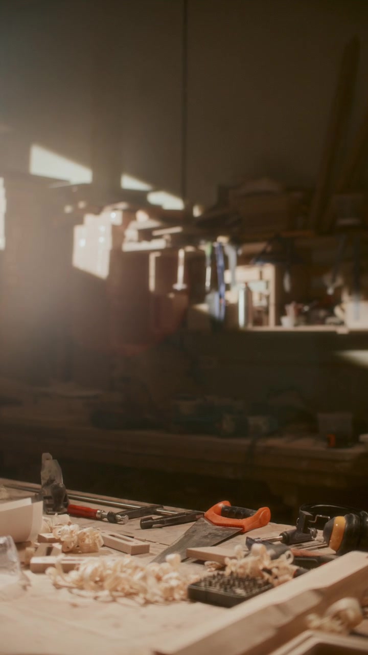 Carpentry Tools and Wood Shavings on Workbench in Sunlit Workshop