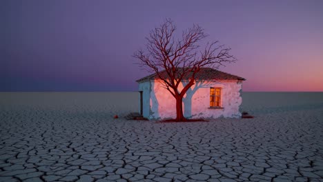 abandoned house in a desert at sunset
