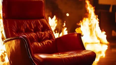 a red leather chair sitting in front of a fire