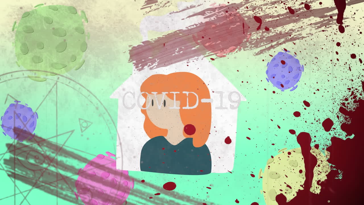 текст ковид-19 над ковид-19 и женщина дома иконы против красных брызг краски на зеленом фоне