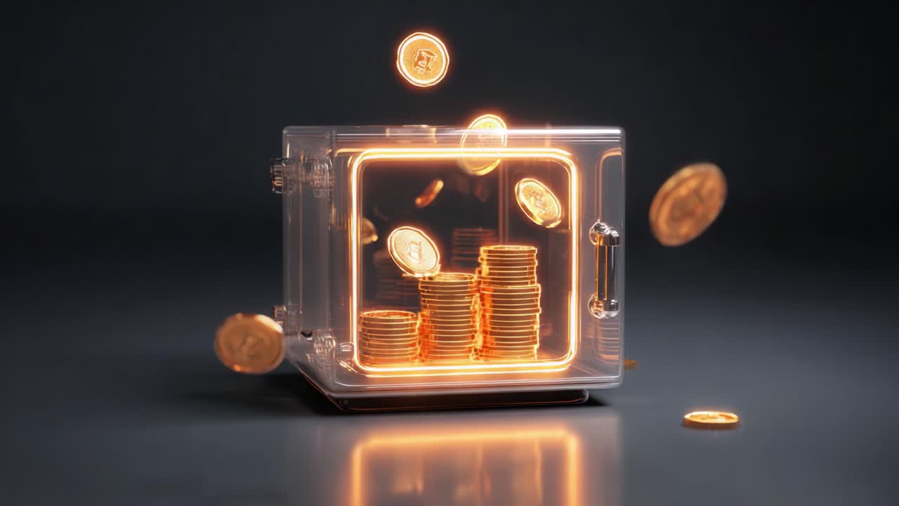 A shimmering glass vault filled with glowing coins, showcasing an impressive stack of gold tokens, illuminated by an ethereal glow that highlights its value and allure