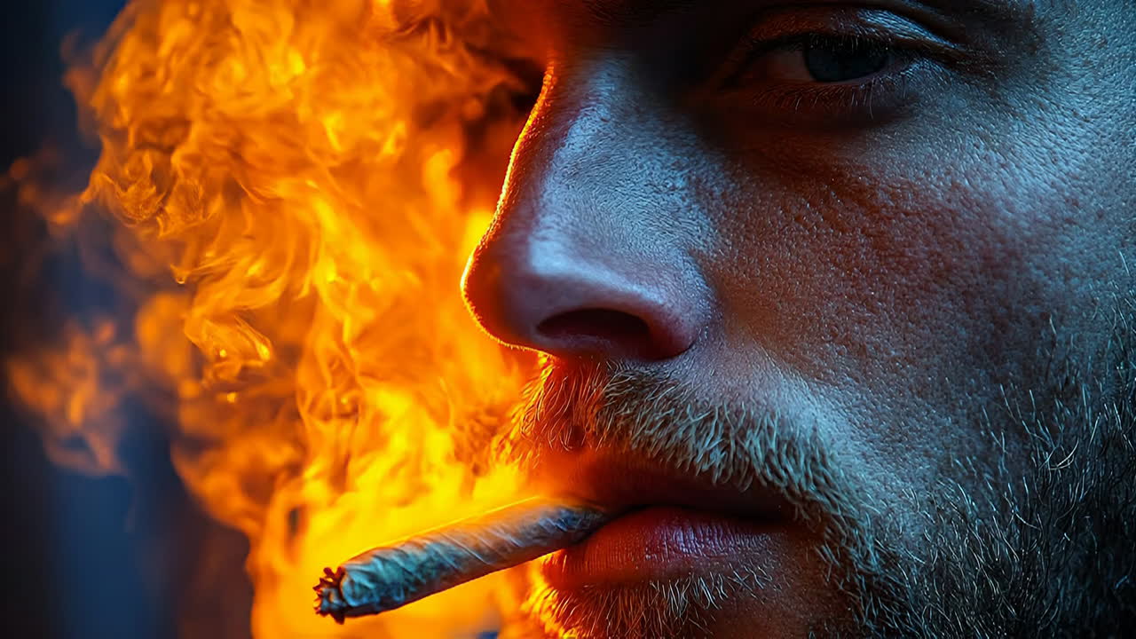 Un uomo fuma circondato dal fumo. Un uomo espira il fumo mentre tiene una sigaretta in bocca. Le fiamme arancioni creano uno sfondo luminoso