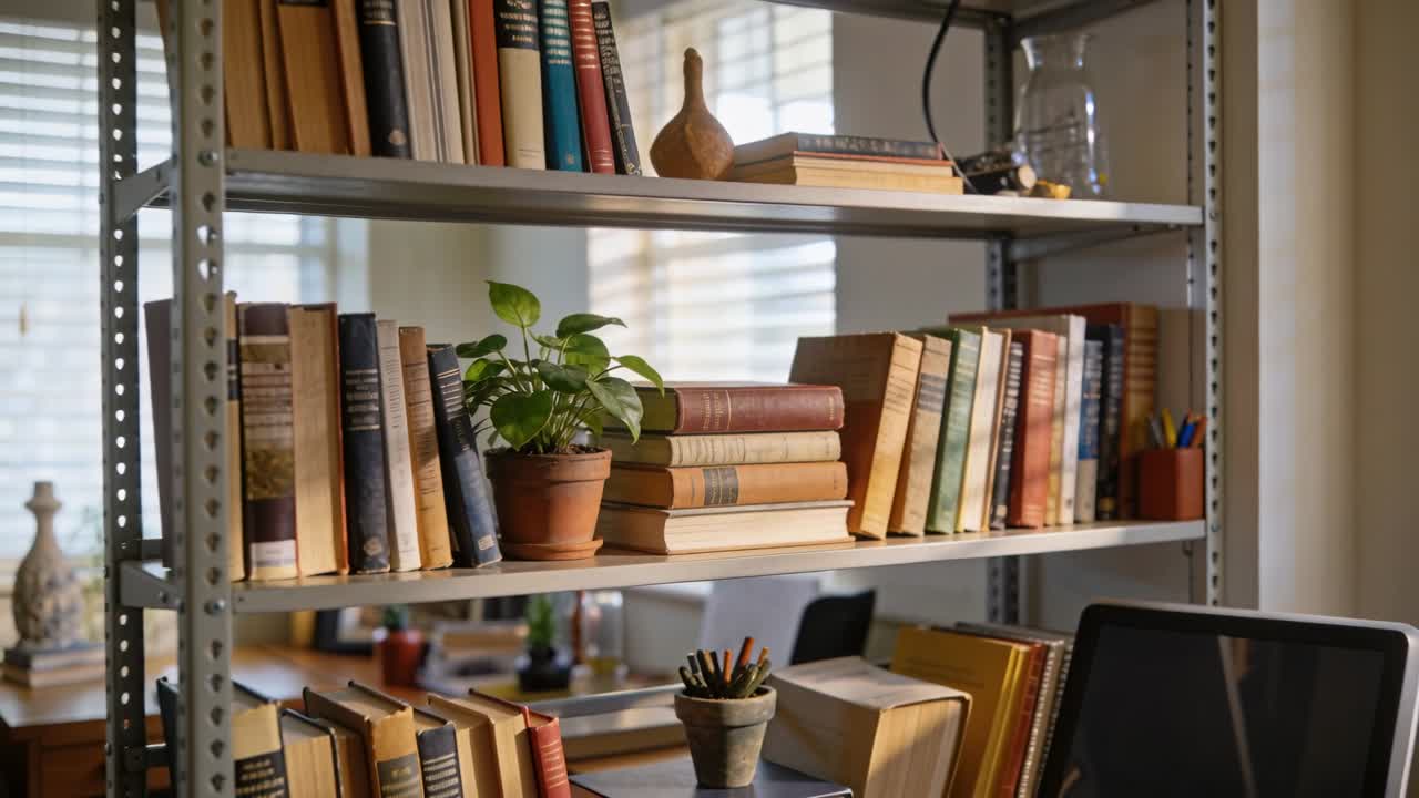 Kameraet trekker seg tilbake, metallhyller avslører en terrakotta-potteplante på bøker for å avsløre en arbeidsplass.