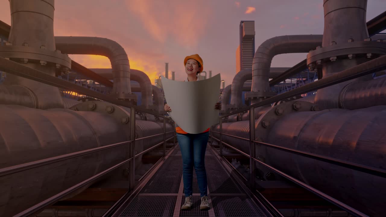 Ingegnere donna asiatica a figura intera con casco di sicurezza che guarda una planimetria nelle sue mani e si guarda intorno mentre è in piedi, con una rete di tubazioni industriali al tramonto.