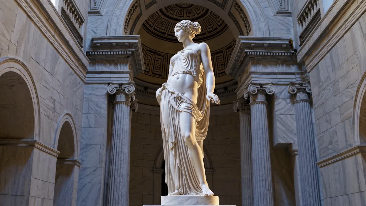 A low-angle video shot of a classical marble statue in a grand hall, highlighting its intricate