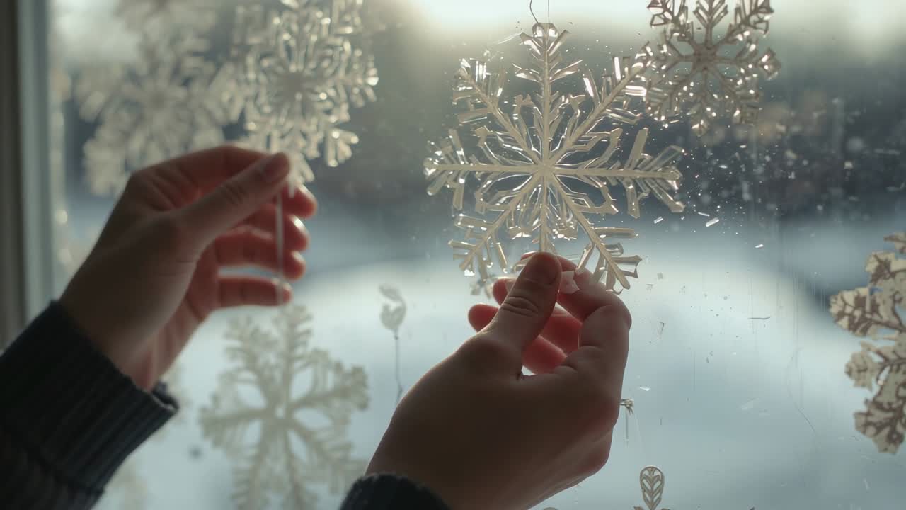 Entering frame, sweater clad hands grasping and hanging snowflake on window for display