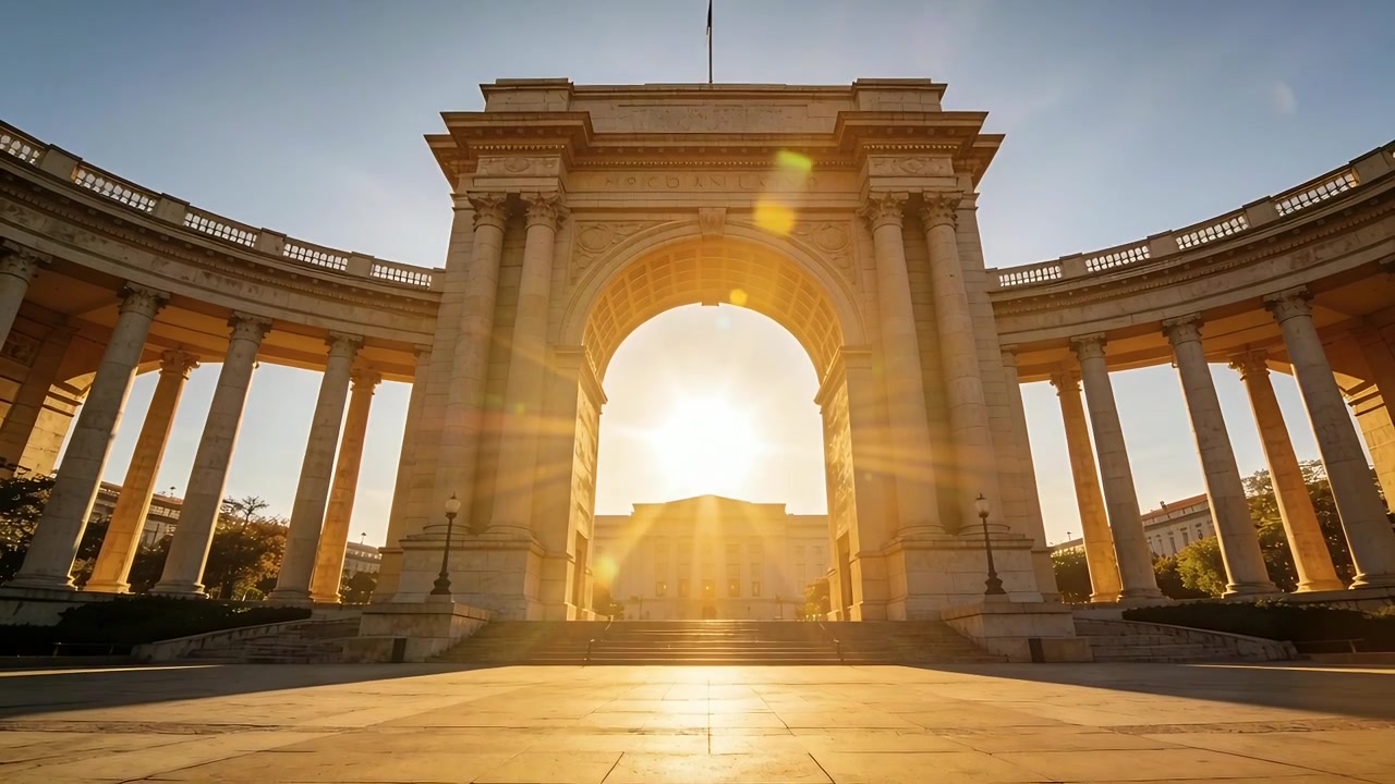 Il sole che sale, illuminando un monumentale arco classico in pietra in una piazza commemorativa con un bagliore dell'obiettivo