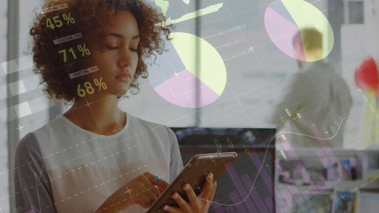 Animation of financial data processing biracial businesswoman using tablet