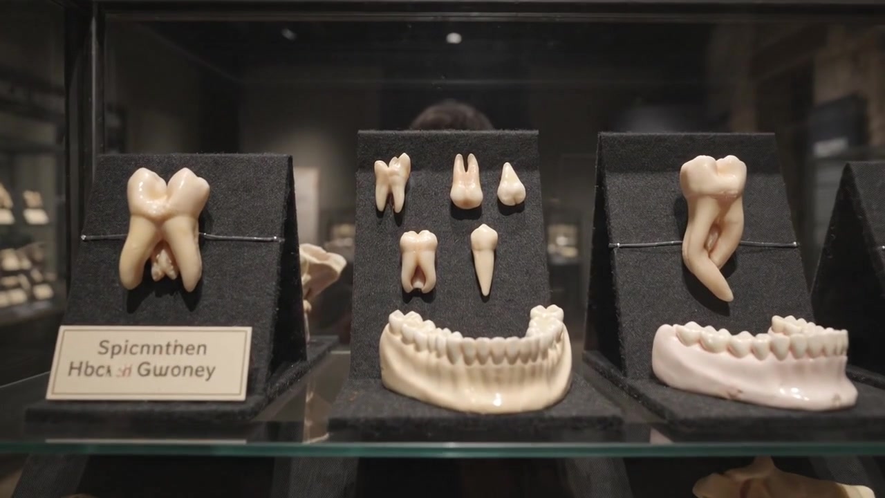 Historical Dental Models Displayed in a Museum Glass Case