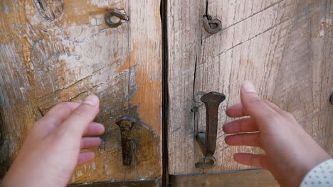 person opening an old wooden door