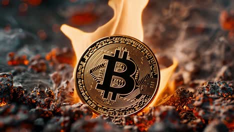 bitcoin burning in flames and embers