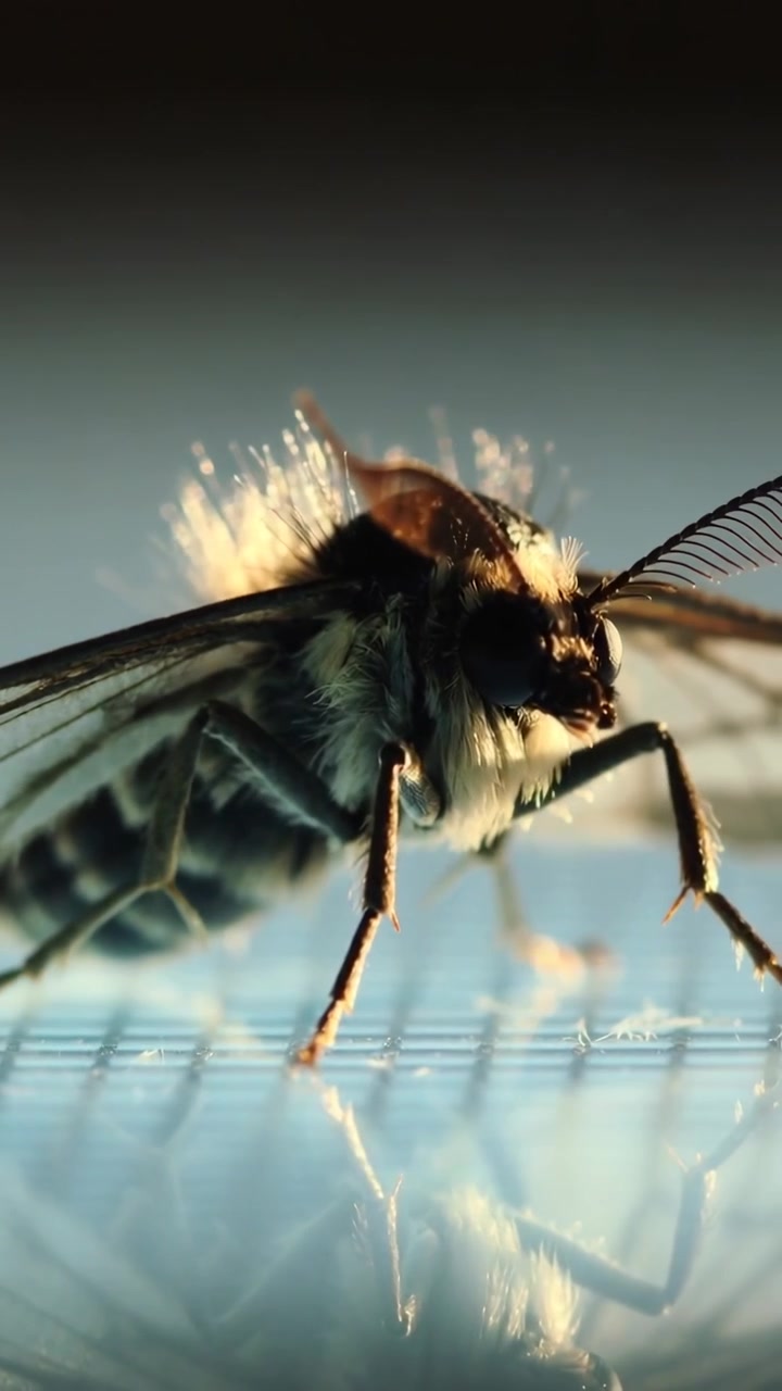 Video verticale: Inquadratura in allontanamento che mostra un insetto simile a una falena che esplora una griglia riflettente, peli illuminati dal bordo.