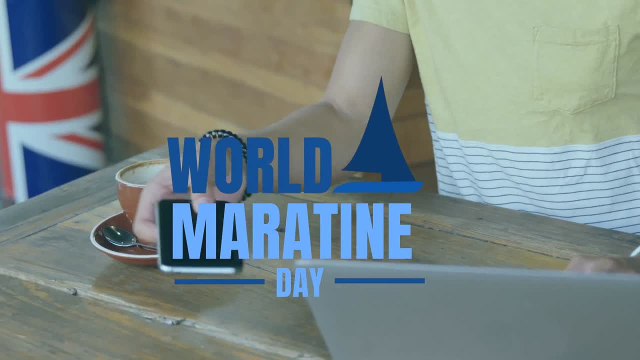 Animazione del testo 'Giornata Marittima Mondiale' sul busto di un uomo che usa lo smartphone in un caffè
