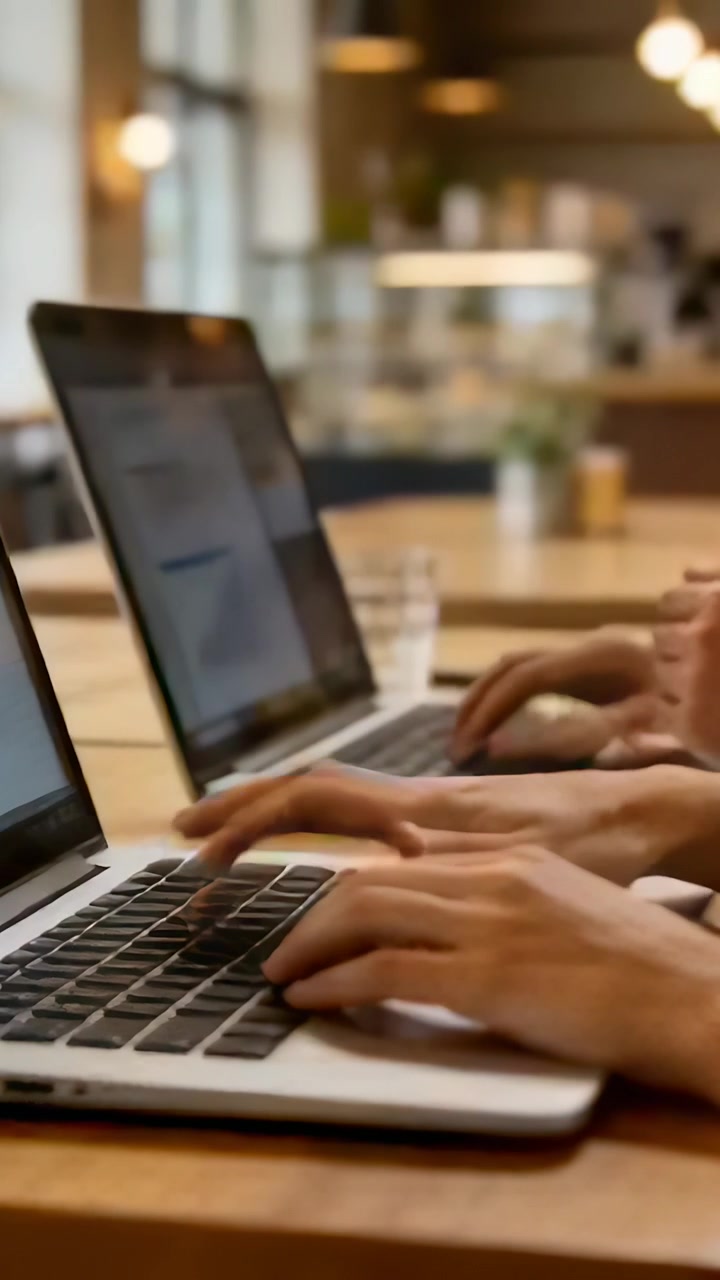 Vertical video: Typing two colleagues' hands reacting to chart at cafe counter, with two laptops