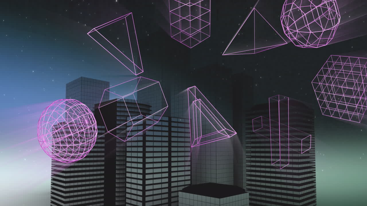 Animation of 3d pink shapes over cityscape on grey background