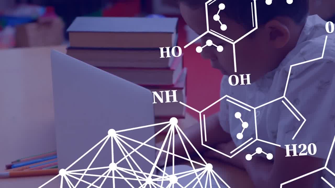 학교에서 교실에서 노트북을 사용하는 히스패닉 소년에 대한 화학 구조