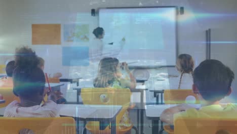 animación de pantallas móviles sobre un grupo diverso de alumnos con maestra