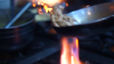 flipping meat pieces in pan on gas stove with bright orange flames