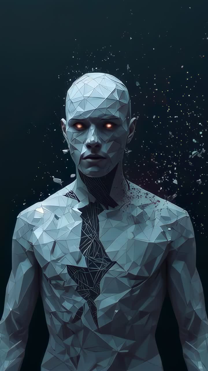 Video verticale: apertura toracica che rivela un androide sfaccettato nudo che perde frammenti nel vuoto, occhi illuminati