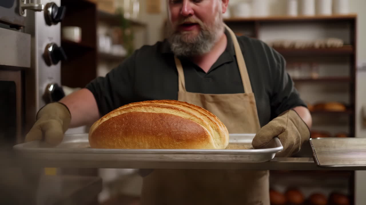 Baker pulls freshly baked bread from the oven