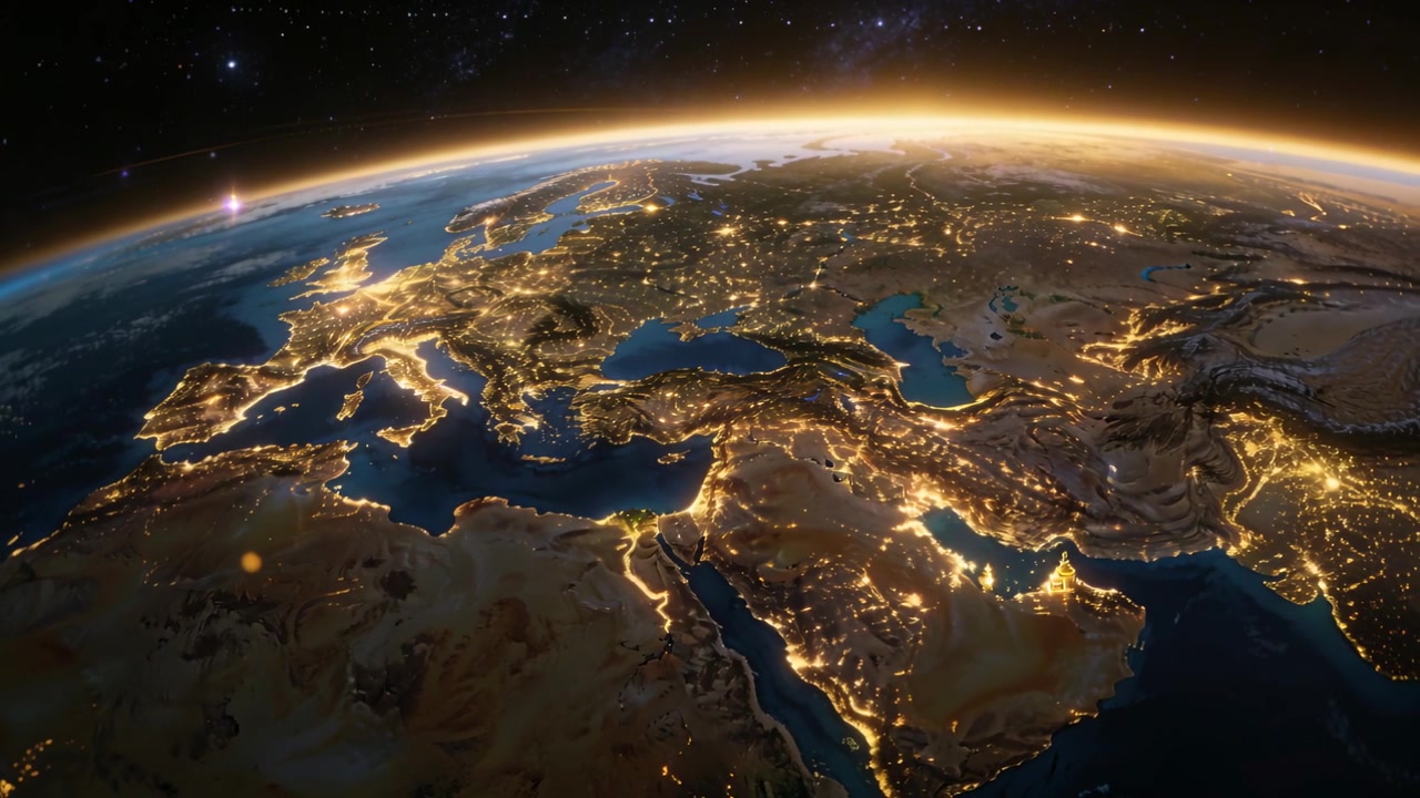 Orbiter in panoramica che mostra un disco terrestre inclinato che si sposta verso l'alba sulla notte europea, con le luci della città.