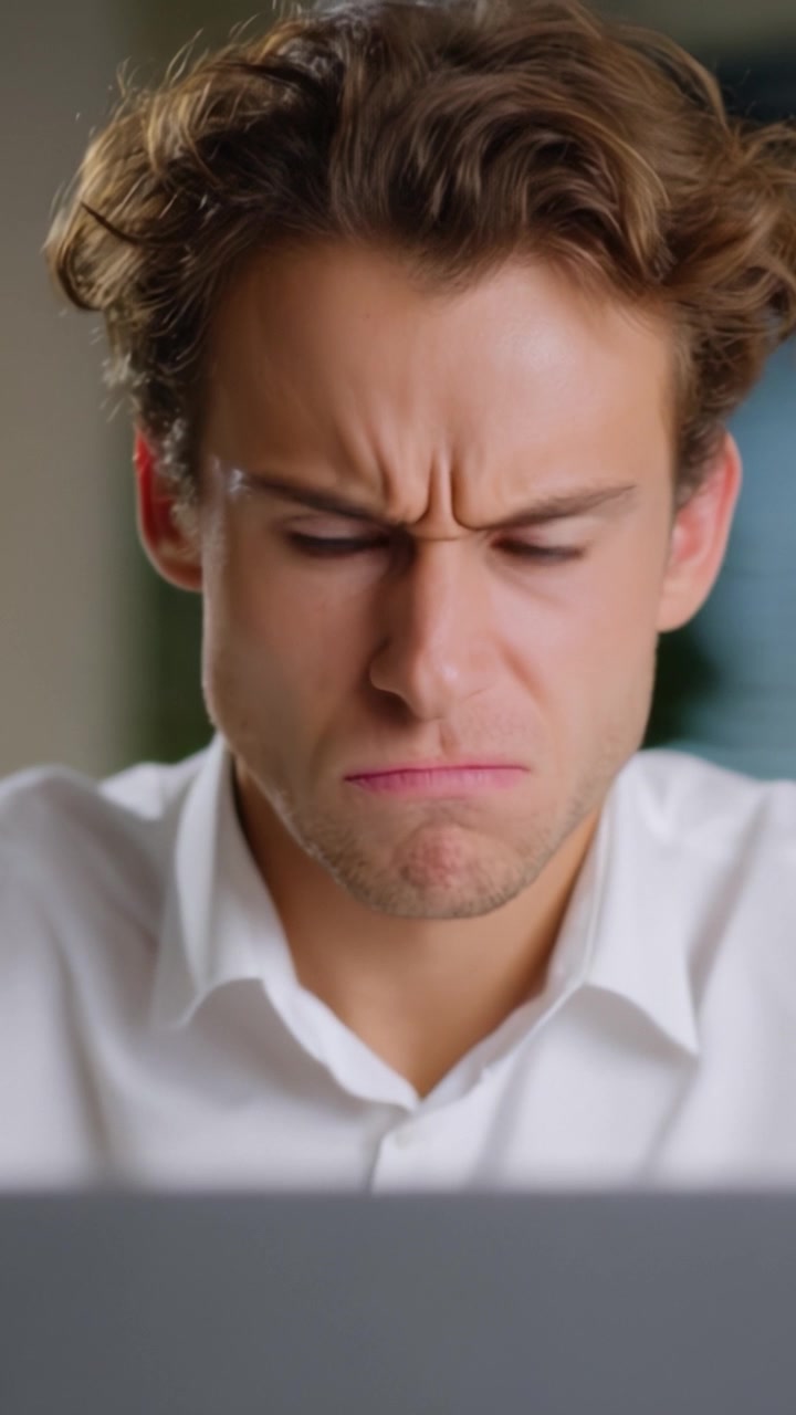 A Frustrated Young Man Staring Aggressively at His Laptop Screen, Evidently Upset and Engaged in a Challenging Situation or Task in a Modern Office Environment