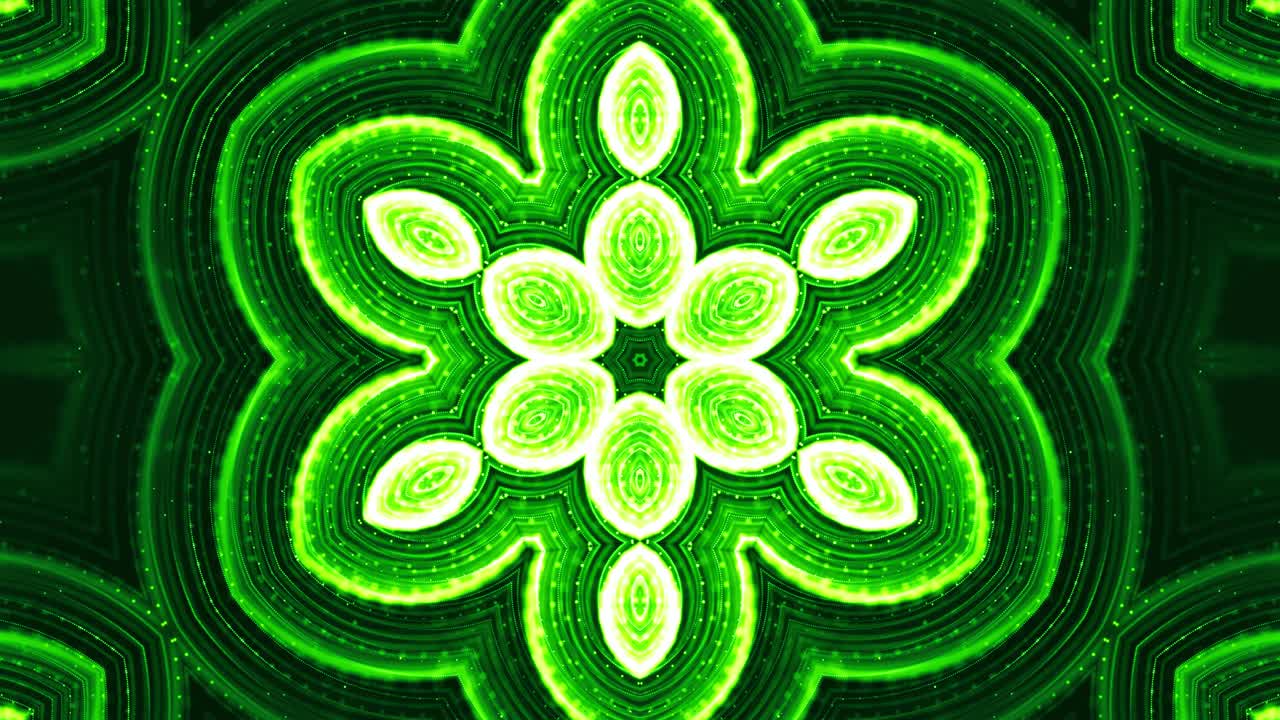 4k цикл научной фантастики 3d фон с светящимися зелеными частицами образуют линии, поверхности, узоры, калейдоскопные структуры. абстракция симметричных точечных структур в движении.